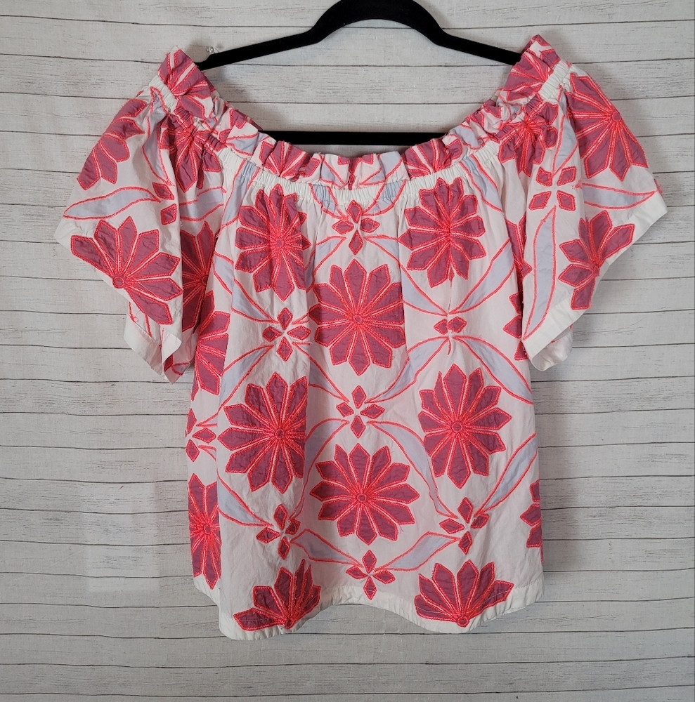 ANTHROPOLOGIE MAEVE FLORAL RUFFLE OFF SHOULDER BLOUSE, SZ MEDIUM